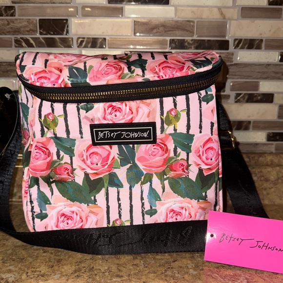 Betsey Johnson Handbags - Betsey Johnson Pink Rose Print Crossbody Bag with Black Strap